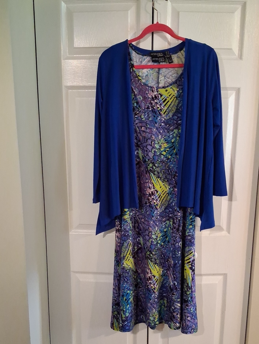 Blue Printed Women's Dress with Matching Cardigan